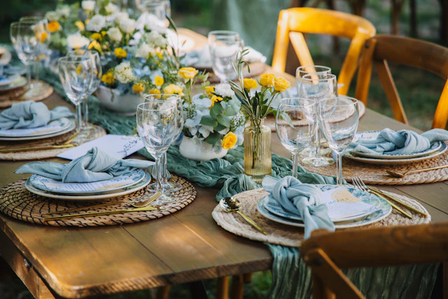 An outdoor table set for a wedding dinner